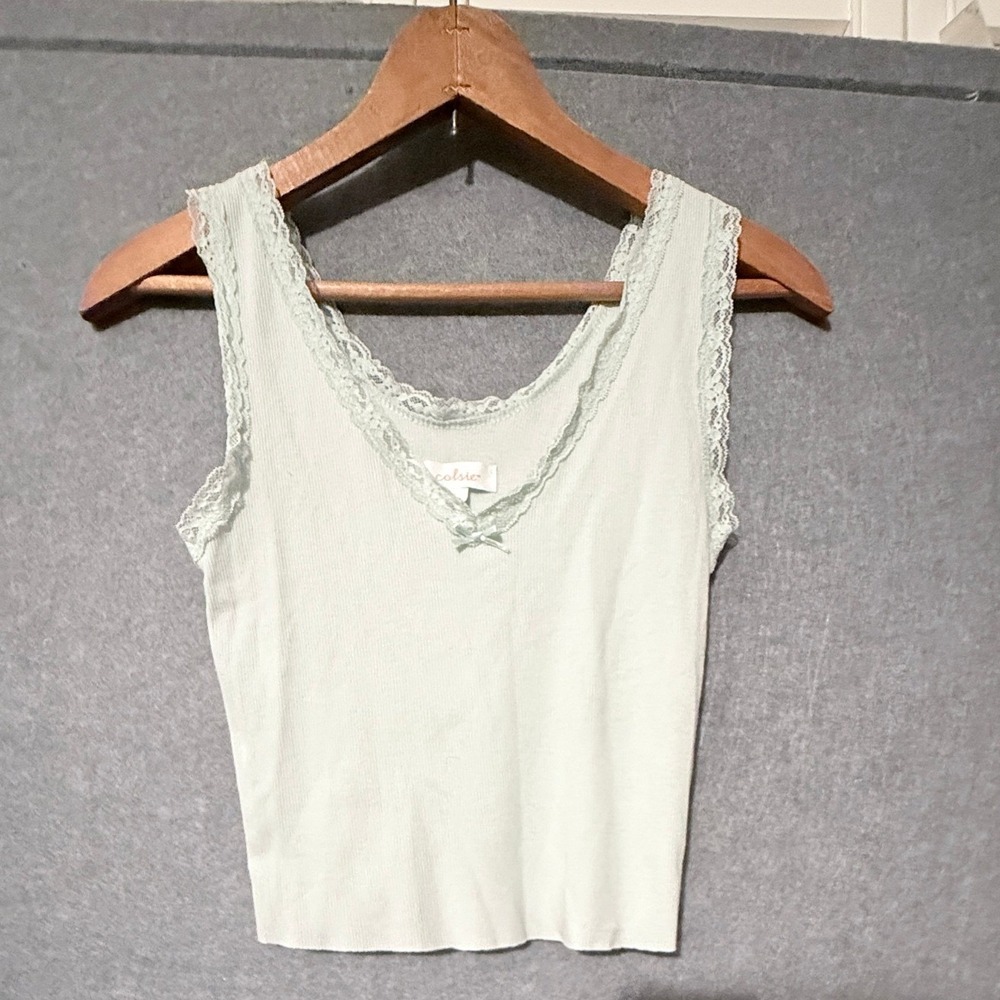 Y2K Soft Girl Feminine Lace Trim Ribbed Fairy Tank Top S Mint VNeck Bow Coquette